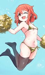  1girl :d bikini breasts brown_hair fang full_body gold_bikini hair_ornament hairclip ikazuchi_(kancolle) jumping kantai_collection one_eye_closed open_mouth pom_pom_(cheerleading) revision simple_background small_breasts smile solo sweat swimsuit thighhighs unagiman yellow_eyes 