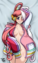 1girl blush breasts highres large_breasts long_hair medium_breasts multicolored_hair nipples one_piece red_hair uta_(one_piece) white_hair rating:Explicit score:7 user:DoctorWasabi