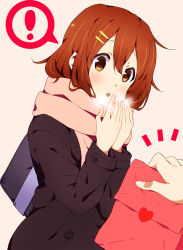! 1girl :o bad_id bad_pixiv_id bag blowing blush brown_eyes brown_hair cold girock heart hirasawa_yui holding k-on! scarf short_hair simple_background solo white_background