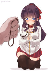 10s 1girl blue_eyes blush collar flying_sweatdrops highres kneeling leash long_hair long_sleeves new_game! no_shoes open_mouth out_of_frame ponytail pov pov_hands purple_hair shirt signature solo_focus steepled_fingers suzuki_toto takimoto_hifumi thighhighs twitter_username viewer_holding_leash wavy_mouth rating:Sensitive score:19 user:danbooru