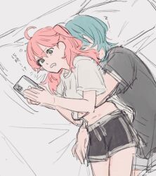  2girls ahoge black_shirt black_shorts blue_hair byby_kmgr cellphone commentary cuddling green_eyes hickey holding holding_phone hololive hoshimachi_suisei hug hug_from_behind long_hair lying medium_hair micomet_(hololive) multiple_girls on_bed on_side one_side_up open_mouth phone pillow pink_hair sakura_miko shirt short_sleeves shorts smartphone virtual_youtuber white_shirt yuri 