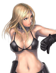  blonde_hair breasts cleavage collar dixie_clemets gloves leather midriff navel pinup_(portrait) rumble_roses ryu_(ryu&#039;s_form_site) upper_body  rating:Questionable score:85 user:SirFlirtage