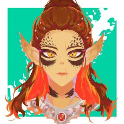  1girl baldur&#039;s_gate baldur&#039;s_gate_3 border brown_hair colored_inner_hair colored_skin dungeons_&amp;_dragons expressionless facial_mark facial_tattoo gith_(dungeons_&amp;_dragons) green_background hair_bun highres lae&#039;zel looking_at_viewer medium_hair multicolored_hair orange_hair outside_border pointy_ears portrait scar scar_on_face scar_on_forehead scar_on_mouth simple_background single_hair_bun slit_pupils solo straight-on tattoo torippi_(tadanotoribird) two-tone_hair white_border yellow_eyes yellow_skin 
