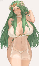  1girl artist_name bare_shoulders blush bra breasts circlet collarbone female_focus fire_emblem fire_emblem:_three_houses flower green_eyes green_hair hair_flower hair_ornament hand_in_own_hair highres linea_alba lingerie long_hair looking_at_viewer lsls matching_hair/eyes navel nintendo panties parted_bangs rhea_(fire_emblem) see-through sidelocks smile solo thick_thighs thighs underwear white_background white_bra white_panties 