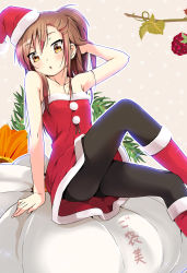 1girl arm_support armpits bare_arms bare_shoulders berry black_pantyhose blush boots breasts brown_background brown_eyes brown_hair cafe-chan_to_break_time cafe_(cafe-chan_to_break_time) chestnut_mouth christmas collarbone commentary_request crossed_legs dress feet_out_of_frame fur-trimmed_boots fur-trimmed_dress fur_trim hair_between_eyes hand_in_own_hair hand_up hat knee_up long_hair pantyhose parted_lips porurin red_dress red_footwear red_hat santa_costume santa_hat sitting small_breasts solo sparkle strapless strapless_dress tilted_headwear