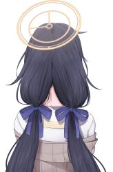 1girl absurdres black_hair black_ribbon blue_archive cardigan commentary from_behind hair_ribbon halo highres kagamocha2 long_hair low_twintails messy_hair nape off_shoulder ribbon sailor_collar shirt simple_background solo twintails ui_(blue_archive) upper_body white_background white_sailor_collar white_shirt 