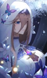  1girl aponia_(honkai_impact) artist_name blue_eyes breast_curtains breasts brooch bug butterfly cleavage closed_mouth dress eun_(eunice) expressionless flower hair_between_eyes halterneck highres honkai_(series) honkai_impact_3rd insect jewelry large_breasts looking_afar looking_away nun pendant solo taut_clothes two-tone_dress veil white_flower  rating:Sensitive score:33 user:danbooru