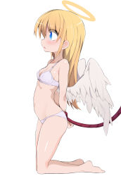  1girl :o absurdres angel angel_wings arms_behind_back barefoot blonde_hair blue_eyes blush bound bound_wrists bow bow_bra bra breasts cleavage feathered_wings from_side full_body halo highres kneeling loli long_hair morino_donguri navel open_mouth original panties rope simple_background small_breasts solo thighs underwear underwear_only white_background white_bra white_panties wings  rating:Questionable score:38 user:Domestic_Importer