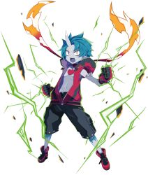  1boy blue_hair colored_skin demon_boy disgaea full_body gloves grey_skin harada_takehito heart_on_chest heterochromia highres hood hoodie horns jacket makai_senki_disgaea_6 male_focus navel official_art open_clothes open_jacket open_mouth pointy_ears red_eyes red_footwear sharp_teeth shoelaces shoes single_horn teeth topless_male transparent_background upper_teeth_only yellow_eyes zed_(disgaea) zipper 