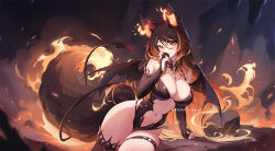  1girl :d animal_ears bare_shoulders black_thighhighs blush commentary demon_tail demon_wings english_commentary fire indie_virtual_youtuber long_hair looking_at_viewer mitsu_(mitsu_art) navel open_mouth sinder_(vtuber) single_thighhigh smile solo stomach tail thigh_strap thighhighs thighs virtual_youtuber wings wolf_ears wolf_girl wolf_tail yellow_eyes  rating:Sensitive score:16 user:danbooru