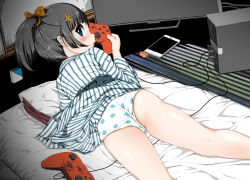  1girl ass blush controller flat_chest game_controller highres kindandowa loli looking_back lying on_stomach panties playing print_panties underwear  rating:Questionable score:72 user:borgath_melthius