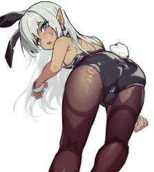  1boy animal_ears ass bent_over black_leotard blue_eyes blush brown_pantyhose commentary_request dark-skinned_male dark_elf dark_skin elf fake_animal_ears fake_tail from_behind frown grey_hair highres leotard long_hair looking_at_viewer looking_back male_focus male_playboy_bunny original pantyhose pointy_ears rabbit_ears rabbit_tail simple_background solo strapless strapless_leotard sweatdrop tail trap v-shaped_eyebrows white_background yoruhachi  rating:Questionable score:61 user:danbooru