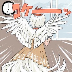  1girl bird_tail bird_wings classroom clock commentary_request dress emphasis_lines from_behind indoors multicolored_hair niwatari_kutaka open_window orange_dress red_hair short_hair solo standing tail touhou translation_request two-tone_hair wall_clock white_hair white_wings window wings yudepii 