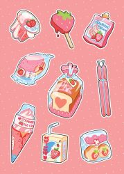  bag border commentary cookie doughnut drinking_straw dripping english_commentary food food_focus food_wrapper fruit heart ice_cream ice_cream_cone juice_box no_humans original pink_background pink_theme plastic_bag polka_dot polka_dot_background popsicle simple_background sixiao_tang strawberry strawberry_slice tape white_border yogurt 