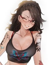 1girl arm_tattoo bad_id bad_twitter_id black_hair body_freckles bra_strap breasts brown_eyes camisole capcom cleavage collarbone copyright_name crop_top devil_may_cry_(series) devil_may_cry_5 freckles glasses grin head_tilt highres lips long_hair looking_at_viewer messy_hair nico_(devil_may_cry) simple_background smile solo swept_bangs tattoo tusia white_background rating:Sensitive score:65 user:danbooru