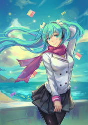1girl absurdres aqua_eyes aqua_hair arm_behind_head arm_up atdan bad_id bad_pixiv_id black_pantyhose buttons coat cowboy_shot double-breasted hatsune_miku highres long_hair open_mouth pantyhose red_scarf scarf skirt smile solo twintails very_long_hair vocaloid winter_clothes winter_coat rating:Sensitive score:15 user:danbooru