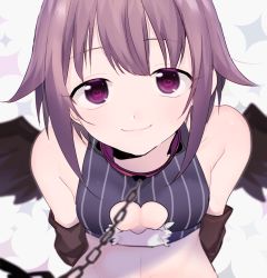 10s 1girl abe_(kumayu) bare_shoulders black_wings breasts chain chain_leash cleavage cleavage_cutout clothing_cutout collar elbow_gloves gloves heart heart-shaped_pupils idolmaster idolmaster_cinderella_girls koshimizu_sachiko leash looking_at_viewer midriff portrait purple_eyes simple_background sleeveless small_breasts smile solo sparkle_background symbol-shaped_pupils upper_body viewer_holding_leash white_background wings rating:Sensitive score:22 user:danbooru