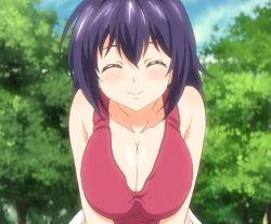1girl aged_down bare_shoulders blush breast_press breasts breasts_squeezed_together cleavage closed_eyes large_breasts maken-ki! nijou_aki outdoors petite screencap shiny_skin short_hair smile solo standing stitched takami_akio third-party_edit tree upper_body rating:Questionable score:135 user:annon-san