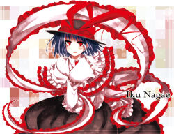  1girl black_hat black_skirt blush bow capelet character_name commentary_request frilled_shawl frills hagoromo hat hat_bow kazetto long_sleeves looking_at_viewer nagae_iku open_mouth purple_hair red_bow red_eyes shawl short_hair skirt solo touhou white_capelet 