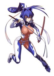  1girl blue_eyes blue_hair bodysuit fortified_suit mitsurugi_meiya muv-luv muv-luv_alternative pilot_suit solo sword tagme weapon  rating:Questionable score:15 user:papo