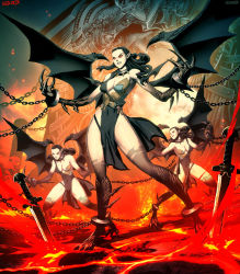  3girls alecto arch bat_wings black_hair breasts chain choker claws collar covered_navel cuffs demon_girl fire genzoman greek_mythology handcuffs long_hair megaera_(greek_mythology) megaera_(mythology) lava monster_girl multiple_girls original pillar planted planted_sword planted_weapon pointy_ears red_eyes signature snake_hair spiked_collar spikes sword thighhighs tisiphone torn_clothes torn_legwear weapon wings  rating:Questionable score:29 user:danbooru