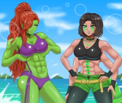  2girls abs bikini four_armed green_eyes indie_virtual_youtuber multiple_girls muscular muscular_female orc radia_active scorpion_tail swimsuit tail 
