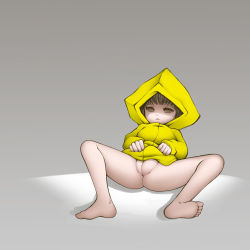  1girl barefoot bottomless clothes_lift feet highres little_nightmares_(series) loli no_panties pussy raincoat shirt_lift sitting six_(little_nightmares) solo spread_legs tagme undressing  rating:Explicit score:71 user:nijikonel