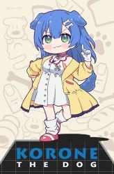 &gt;:3 1girl :3 alternate_eye_color alternate_hair_color animal_ears arm_up blue_hair blush_stickers bone_hair_ornament cartoon_bone chocolate_cornet collar cover dog_ears dog_girl dog_tail dress fake_cover food gloves green_eyes hair_ornament hairclip hand_on_hip highres hololive hoso-inu index_finger_raised inugami_korone jacket kukie-nyan listener_(inugami_korone) long_hair looking_at_viewer off_shoulder parody red_footwear shoes short_dress sleeveless sleeveless_dress smile socks solo sonic_(series) standing tail virtual_youtuber white_dress white_footwear white_gloves yellow_jacket