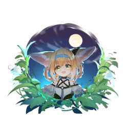  1girl :d animal_ear_fluff animal_ears arknights bare_shoulders blonde_hair blouse blue_hairband braid braided_hair_rings cloud commentary_request eyebrows_hidden_by_hair fangs fox_ears full_moon green_eyes hair_between_eyes hair_rings hairband highres infection_monitor_(arknights) looking_at_viewer material_growth moon multicolored_hair night night_sky open_mouth oripathy_lesion_(arknights) shio_(shiofeifei) shirt sky smile solo suzuran_(arknights) twin_braids two-tone_hair upper_body white_background white_hair white_shirt  rating:Sensitive score:3 user:danbooru