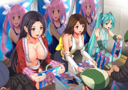  3girls amazon_warrior aqua_necktie backpack bag banknote bare_shoulders black_bra black_eyes black_hair blue_skirt boa_hancock boa_hancock_(cosplay) bra breasts brown_eyes brown_hair center_opening cleavage collarbone collared_shirt convention cosplay cowboy_shot detached_sleeves doujin_(object) earrings final_fantasy final_fantasy_x fingernails game_cg glasses green_hair groin hair_ornament hakama hakama_skirt happy hat hatsune_miku hatsune_miku_(cosplay) headset highres holding holding_staff i-19_(kancolle) i-19_(kancolle)_(cosplay) indoors jall_boint japanese_clothes jewelry kantai_collection kimono large_breasts leaning_forward lips long_hair long_sleeves looking_at_another looking_at_viewer medium_breasts midriff miniskirt money multiple_boys multiple_girls navel necktie no_bra obi one-piece_swimsuit one_piece original otaku parted_lips pink_hair pink_lips pleated_skirt poster_(medium) poster_(object) red_eyes revealing_clothes ribbon ribbon-trimmed_sleeves ribbon_trim sash shirt short_hair skirt sleeveless sleeveless_kimono sleeveless_shirt smile snake_earrings staff standing stomach swimsuit table tassel tattoo teeth twintails underwear very_long_hair vocaloid wide_sleeves yellow_eyes yuna_(cosplay) yuna_(ff10) yuna_(ff10)_(cosplay) 