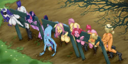  6+girls animal_ears applejack apuru-kun blindfold blonde_hair blue_skin breasts colored_skin cutie_mark fluttershy highres horse_ears horse_girl horse_tail large_breasts medium_breasts multicolored_hair multiple_girls my_little_pony my_little_pony:_friendship_is_magic no_boys orange_skin personification pillory pink_hair pinkie_pie public_indecency public_nudity purple_hair purple_skin rainbow_dash rainbow_hair rarity_(my_little_pony) small_breasts tail textless_version twilight_sparkle yellow_skin  rating:Explicit score:15 user:Cosmos567