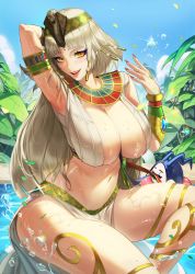 1girl blonde_hair bracelet breasts cleopatra_(shin_megami_tensei) colored_sclera egyptian egyptian_clothes fangs highres ja_mong jack_frost_(megami_tensei) jewelry large_breasts long_hair looking_at_viewer nail_polish navel ring shin_megami_tensei shin_megami_tensei_v smile solo usekh_collar wet yellow_eyes yellow_sclera rating:Sensitive score:110 user:danbooru