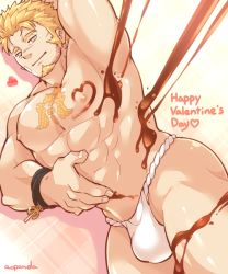 1boy abs aopanda arm_behind_head bara blonde_hair bulge chocolate chocolate_on_body chocolate_on_pectorals cowboy_shot dutch_angle facial_hair food_on_body fundoshi fundoshi_day goatee happy_valentine jacob_(housamo) japanese_clothes large_pectorals long_sideburns looking_at_viewer male_focus male_underwear mature_male muscular muscular_male nantaimori nipples pectorals scar scar_on_face scar_on_nose short_hair sideburns smile solo spilling stomach stubble thick_thighs thighs tokyo_houkago_summoners underwear underwear_only white_male_underwear rating:Sensitive score:4 user:danbooru