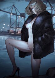  1girl brown_hair coat container covered_face crane_(machine) exhibitionism fur_coat groin hand_in_pocket high_heels highres kaoming looking_at_viewer navel nude nude_filter original outdoors public_indecency public_nudity pussy sky solo stiletto_heels third-party_edit water wind 