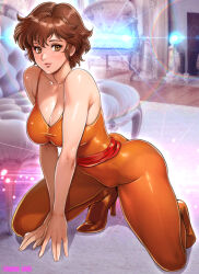  1girl artist_name bare_arms bare_shoulders breasts brown_eyes brown_hair cat&#039;s_eye cleavage closed_mouth collarbone commentary_request fingernails full_body high_heels highres kisugi_ai kneeling light_smile lips looking_at_viewer medium_breasts oyaman photo_background shiny_clothes shiny_skin short_hair skin_tight sleeveless unitard 