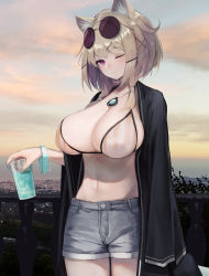 1girl absurdres animal_ear_fluff animal_ears arknights bikini bikini_top_only black_jacket blonde_hair blue_nails blue_shorts blush breasts cleavage commentary cowboy_shot denim denim_shorts eyewear_on_head hair_ornament hairclip highres huge_breasts jacket jewelry large_breasts looking_at_viewer midriff nail_polish navel necklace official_alternate_costume one_eye_closed open_clothes open_jacket outdoors purple_eyes railing short_hair shorts smile solo standing striped_bikini striped_clothes sunglasses swimsuit swimsuit_cover-up timitarcat utage_(arknights) utage_(summer_flowers)_(arknights) wristband x_hair_ornament rating:Sensitive score:76 user:danbooru