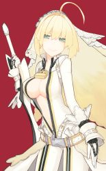  10s 1girl absurdres aestus_estus ahoge amagimikoto bad_id bad_pixiv_id belt blonde_hair bodysuit breasts center_opening chain cleavage fate/extra fate/extra_ccc fate_(series) flower gloves green_eyes highres large_breasts lock md5_mismatch mikoto_(oi_plus) nero_claudius_(bride)_(fate) nero_claudius_(fate) nero_claudius_(fate)_(all) padlock red_background short_hair simple_background smile solo sword unzipped veil weapon white_gloves  rating:Sensitive score:12 user:danbooru