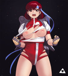  1girl breasts breasts_out brown_eyes commentary_request donburi_(donburikazoku) headband highres hip_vent leotard medium_hair nipples no_bra red_hair solo takaya_noriko top_wo_nerae! torn_clothes torn_leotard  rating:Questionable score:87 user:Vardigiil
