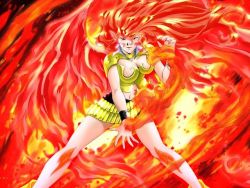 1girl armor breasts cleavage elf female_focus fiery_hair fire girl_doll_2_shisha gold_armor huge_breasts legs miniskirt pointy_ears skirt solo uran rating:Questionable score:12 user:Jaretha
