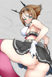10s 1girl bad_id bad_pixiv_id bare_shoulders blush breasts brown_hair clothes_lift from_behind gloves green_eyes headgear highres kantai_collection looking_at_viewer looking_back midriff miniskirt mutsu_(kancolle) nac000 no_panties personification pussy red_thighhighs short_hair skirt skirt_lift solo thighhighs uncensored white_gloves rating:Explicit score:43 user:danbooru
