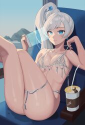  1girl ass beach_chair bikini blue_eyes breasts crossed_legs earrings highres jewelry long_hair looking_at_viewer medium_breasts outdoors revealing_clothes rwby scar scar_across_eye scar_on_face shiny_skin side_ponytail sitting skindentation solo strap_pull string_bikini sweat swimsuit thighs wangxiii weiss_schnee white_bikini white_hair 