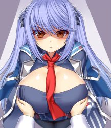 1girl :&lt; alternate_breast_size asamura_hiori azur_lane between_breasts grabbing_another&#039;s_breast breasts brown_eyes commentary_request essex_(azur_lane) frown grabbing hair_ornament highres huge_breasts jacket large_breasts long_hair looking_at_viewer necktie necktie_between_breasts portrait pov purple_hair shaded_face simple_background solo solo_focus twintails upper_body yellow_eyes rating:Questionable score:20 user:danbooru