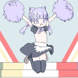  1girl animal_ear_hairband animal_ears apron bandaid bandaids_on_nipples black_skirt black_thighhighs blush_stickers bow bowtie breasts brown_footwear cat_ear_hairband cat_ears cheerleader fake_animal_ears full_body hairband holding holding_pom_poms jaggy_lines jumping loafers lokulo-chan lokulo_no_mawashimono loli long_hair looking_at_viewer low_twintails lowres original parody pasties pom_pom_(cheerleading) pom_poms purple_bow purple_bowtie purple_eyes purple_hair sakanaction shin_takarajima_(song) shoes shrug_(clothing) skirt small_breasts smile solo thighhighs topless twintails waist_apron 