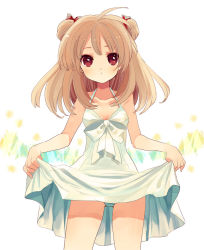 1girl amezawa_koma bad_id bad_pixiv_id bow brown_hair clothes_lift dress dress_lift hair_bow hair_ribbon original panties ribbon short_twintails simple_background solo striped_clothes striped_panties twintails underwear white_dress rating:Sensitive score:20 user:danbooru