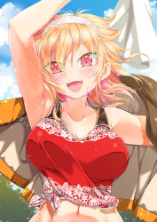  1girl :d arm_up armpits bare_shoulders blonde_hair blue_sky blush breasts brown_jacket cafe-chan_to_break_time cloud collarbone commentary_request day eyes_visible_through_hair hair_between_eyes hairband highres jacket large_breasts looking_at_viewer midriff multicolored_hair navel open_mouth porurin purple_hair red_eyes red_tank_top shirt sidelocks sky smile solo standing sweat tank_top tea_(cafe-chan_to_break_time) teeth tied_shirt two-tone_hair upper_body upper_teeth_only 
