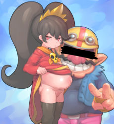  1boy 1girl ashley_(warioware) bar_censor big_belly big_hair black_hair black_thighhighs blush censored cleft_of_venus clothes_lift dress dress_lift facial_hair gloves hairband hat highres loli long_hair long_sleeves looking_at_viewer muraachi mustache nintendo orange_hairband pointy_ears pregnant pregnant_loli pussy red_dress red_eyes sky smile thighhighs twintails very_long_hair wario warioware witch 