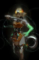  1girl ancient_greek_clothes armor asymmetrical_arms black_sclera bone colored_sclera dress glowing_arm gravitydusty greco-roman_clothes green_lips hades_(series) hades_2 highres holding_sickle laurel_crown melinoe_(hades) mismatched_sclera orange_dress red_eyes see-through_body sickle skeletal_arm sword weapon 