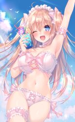  1girl ahoge arm_garter arm_up armpits bare_shoulders bikini blonde_hair blue_eyes blue_sky bow breasts bridal_garter choker cleavage cup day drinking_glass frilled_bikini frills hair_ornament hand_up headdress highres holding large_breasts long_hair looking_at_viewer navel one_eye_closed open_mouth original outdoors pink_bow side-tie_bikini_bottom sky smile solo sorai_shin&#039;ya stomach strapless strapless_bikini swimsuit thighs traene_(sorai_shin&#039;ya) tropical_drink two_side_up white_bikini white_choker x_hair_ornament 