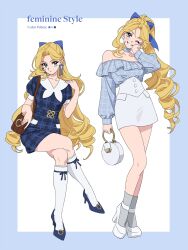  1girl alternate_costume bag blonde_hair blue_bow blue_choker blue_eyes blush bow choker color_guide dress drill_hair earrings english_text fashion frills gingham_dress hair_bow hair_ornament handbag high_heels highres holding holding_bag jewelry kneehighs long_hair long_sleeves looking_at_viewer moya_(toatomoot) one_eye_closed original parted_bangs pearl_earrings ponytail revision short_dress short_sleeves shoulder_bag sidelocks simple_background smile socks solo very_long_hair white_background white_socks 