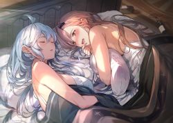 2girls absurdres ahoge asymmetrical_bangs bare_shoulders bed bed_sheet blanket blush bottle braid breasts brown_eyes brown_hair cleavage closed_eyes granblue_fantasy hair_between_eyes hair_ornament hairclip hickey highres holding holding_hair holding_pillow indoors kakage large_breasts light_rays long_hair looking_at_another lying multiple_girls on_side open_mouth parted_lips pillow sideboob silva_(granblue_fantasy) silver_hair sleeping smile star_(symbol) star_print sunbeam sunlight tank_top tweyen_(granblue_fantasy) twin_braids very_long_hair wavy_hair when_you_see_it white_tank_top wine_bottle yuri rating:Sensitive score:31 user:danbooru